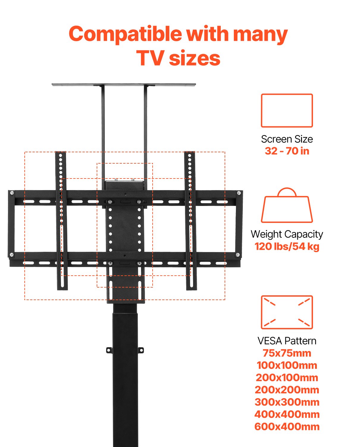 VEVOR Motorized TV Lift Stand Mount Bracket with Remote Control for 32-70 in TV