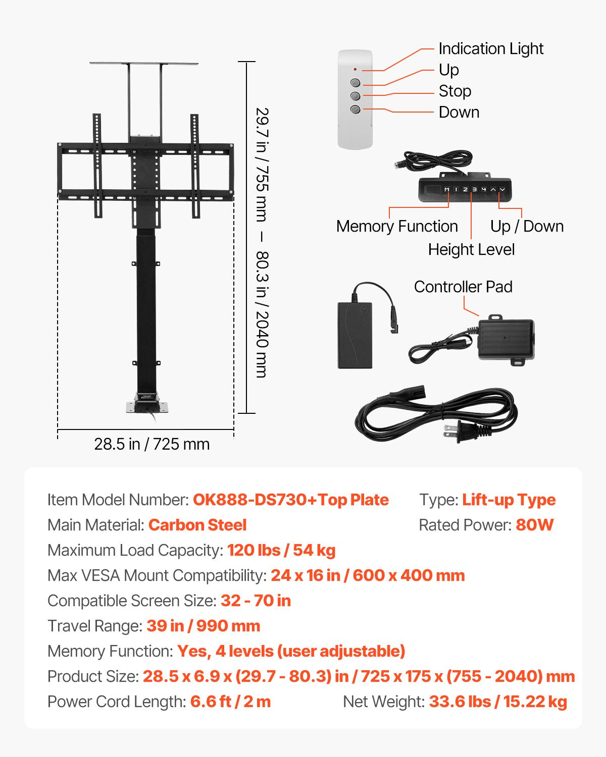 VEVOR Motorized TV Lift Stand Mount Bracket with Remote Control for 32-70 in TV