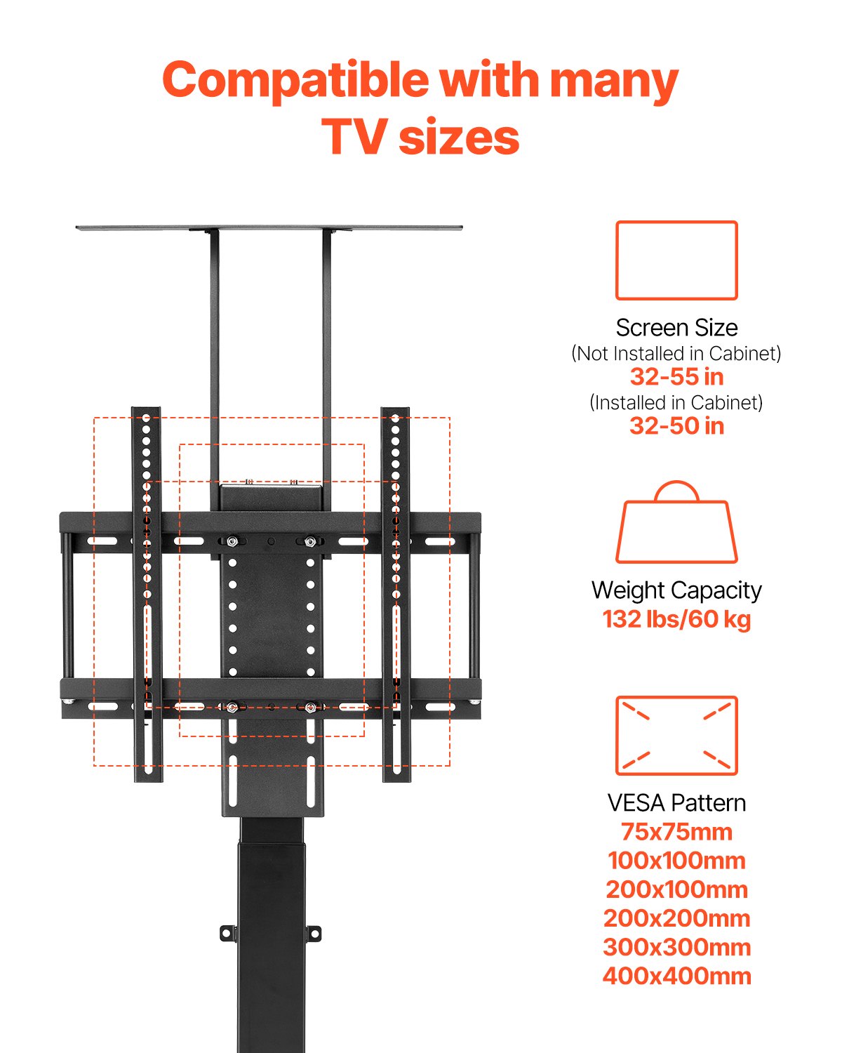 VEVOR Motorized TV Lift Stand Mount Bracket 132 lbs Load with Remote Control