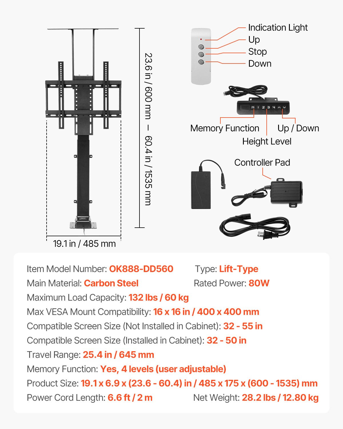 VEVOR Motorized TV Lift Stand Mount Bracket 132 lbs Load with Remote Control