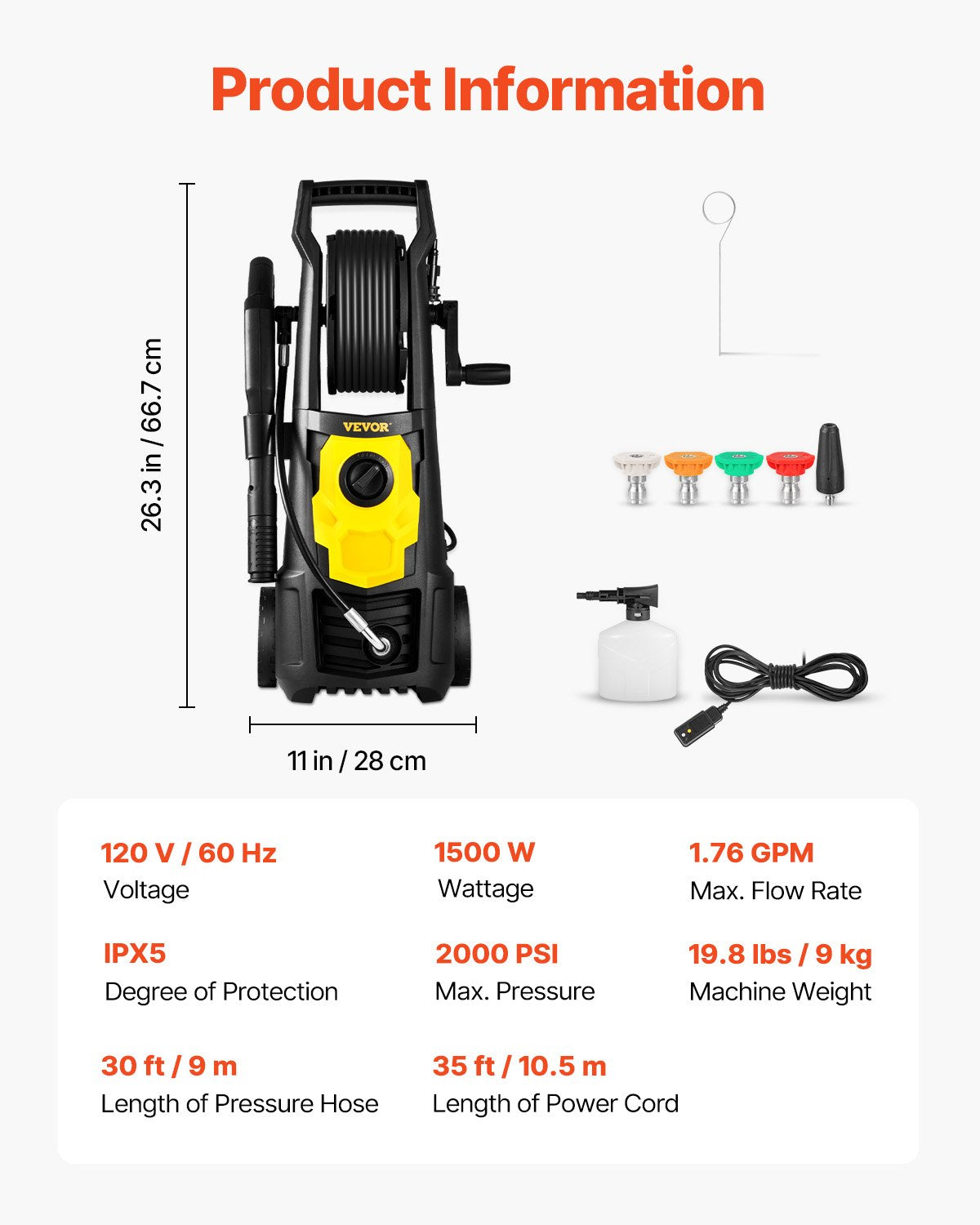 Electric Pressure Washer, 2000 PSI, Max. 1.76 GPM Power Washer w/ 30 ft Hose, 5 Quick Connect Nozzles, Foam Cannon, Portable to Clean Patios, Cars, Fences, Driveways, ETL Listed