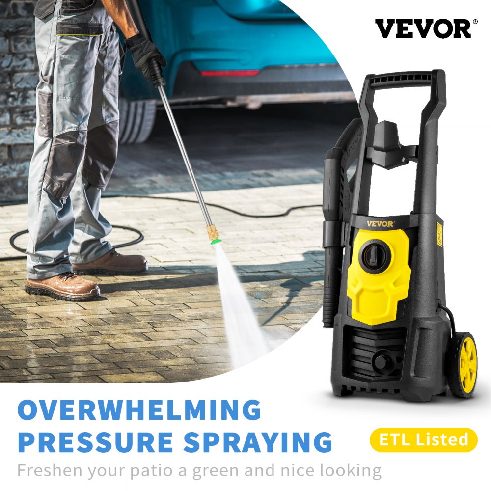 VEVOR Electric Pressure Washer, 2000 PSI, Max. 1.76 GPM Power Washer w/ 30 ft Hose, 5 Quick Connect Nozzles, Foam Cannon, Portable to Clean Patios, Cars, Fences, Driveways, ETL Listed