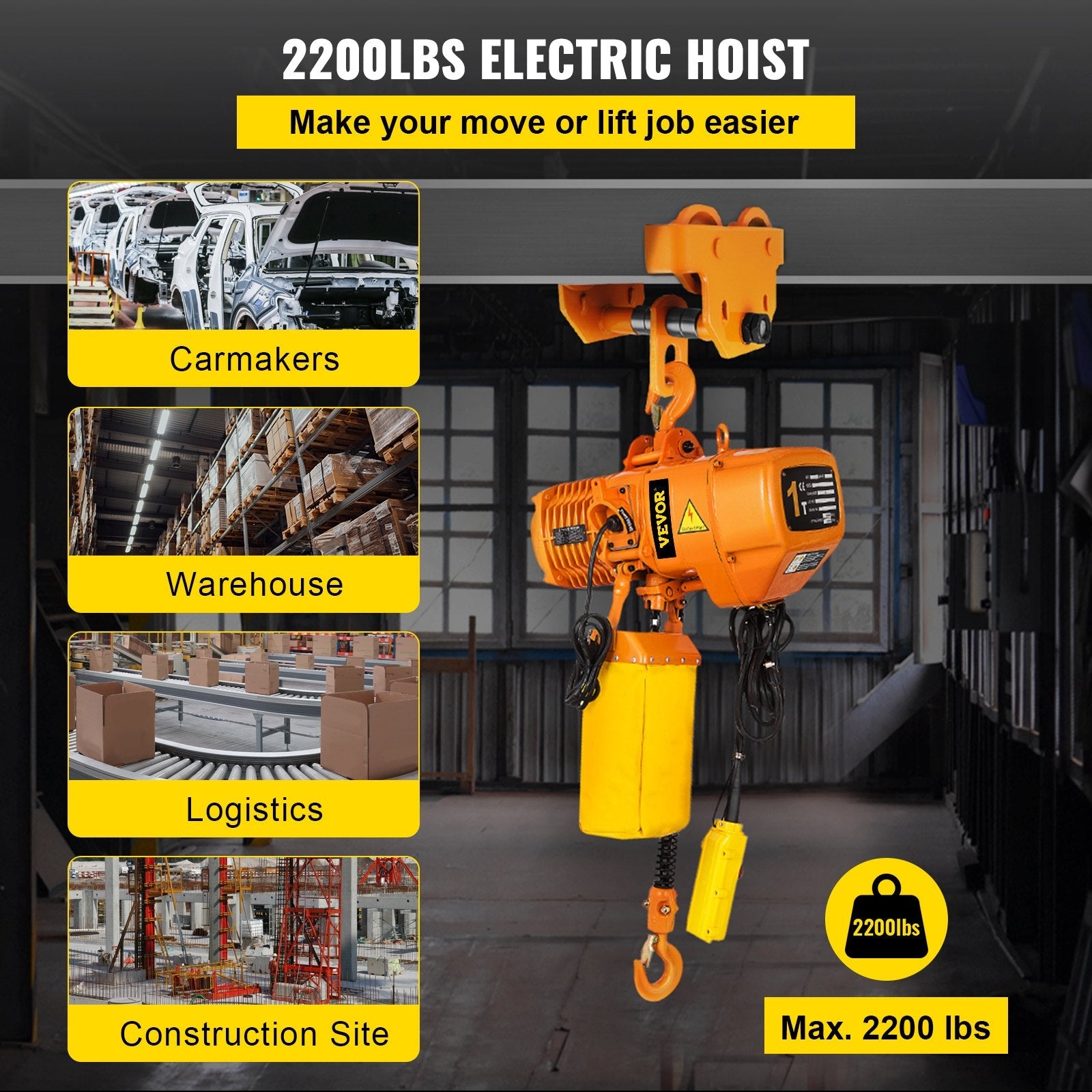 VEVOR 1 Ton Electric Chain Hoist, Single Phase 2200Lbs 10ft Lift Height with Electrical Hook, Mount Chain Hoist G80, Double Chain with Pendant Control 110V for Logistics, Factories and Agriculture