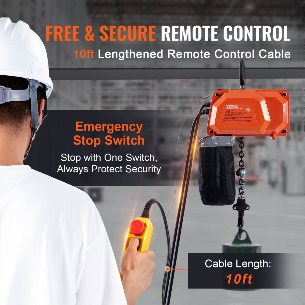 VEVOR Electric Chain Hoist, 330 lbs Load Capacity, 10 ft Lifting Height, 10 ft/min Speed, 120V, Single Phase Overhead Crane with G80 Chain, 10 ft Wired Remote Control for Garage, Shop, Hotel, and Home