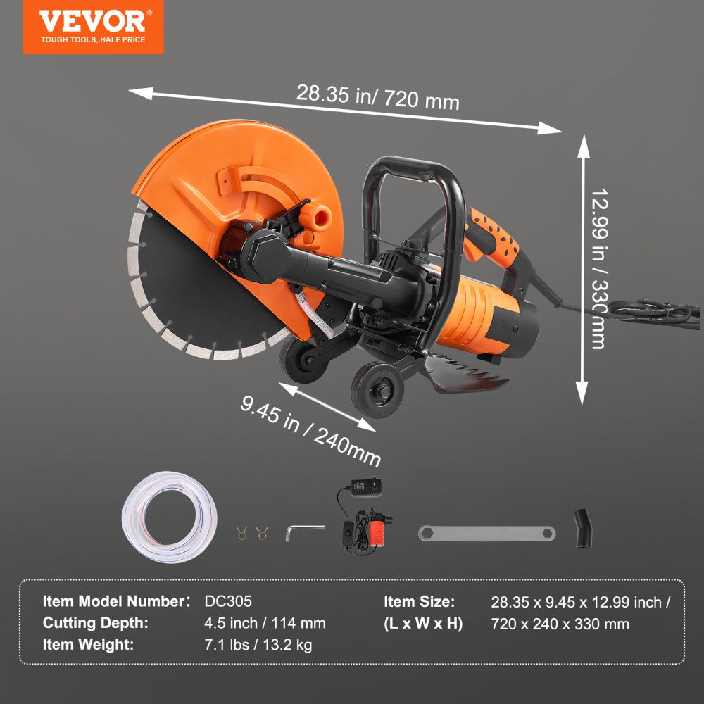VEVOR Electric Concrete Saw, 12 in, 1800 W 15 A Motor Circular Saw Cutter with Max. 4.5 in Adjustable Cutting Depth, Wet Disk Saw Cutter Includes Water Line, Pump and Blade, for Stone, Brick