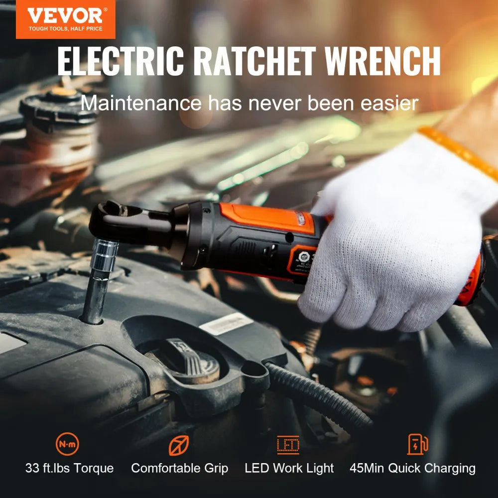 VEVOR Cordless Electric Ratchet Wrench, 3/8" Sub-Compact, 33 FT-lbs Max Torque, 45-Min Fast Charging, with 2-Pack 12V Rechargable Battery, Built-in LED Work Light, 9 Cr-V Sockets and Drive Adapter