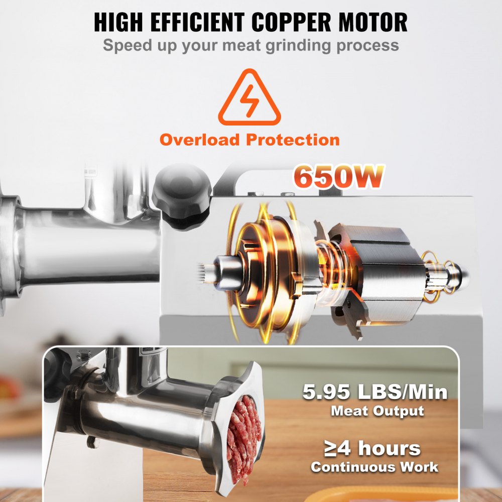 VEVOR Electric Meat Grinder, 8.3 Lb/Min, 650W?3800W MAX) Industrial Meat Mincer with 2 Blade, 3 Grinding Plates, Sausage Tube 304 Stainless Steel Commercial Meat Grinder, ETL Listed