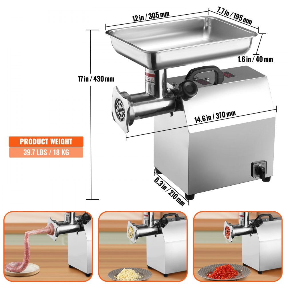 VEVOR Electric Meat Grinder, 8.3 Lb/Min, 650W?3800W MAX) Industrial Meat Mincer with 2 Blade, 3 Grinding Plates, Sausage Tube 304 Stainless Steel Commercial Meat Grinder, ETL Listed