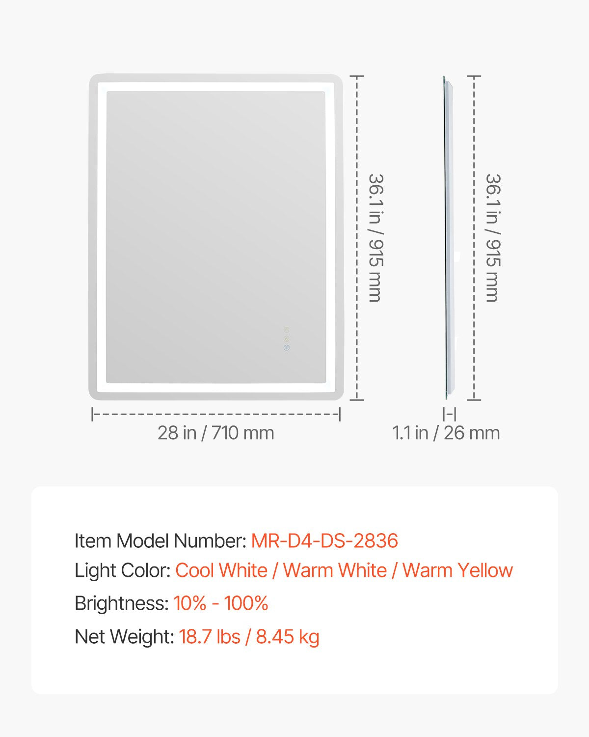 VEVOR LED Bathroom Mirror 3 Colors Anti-fog Wall Mounted Vanity Mirror 28" x 36"