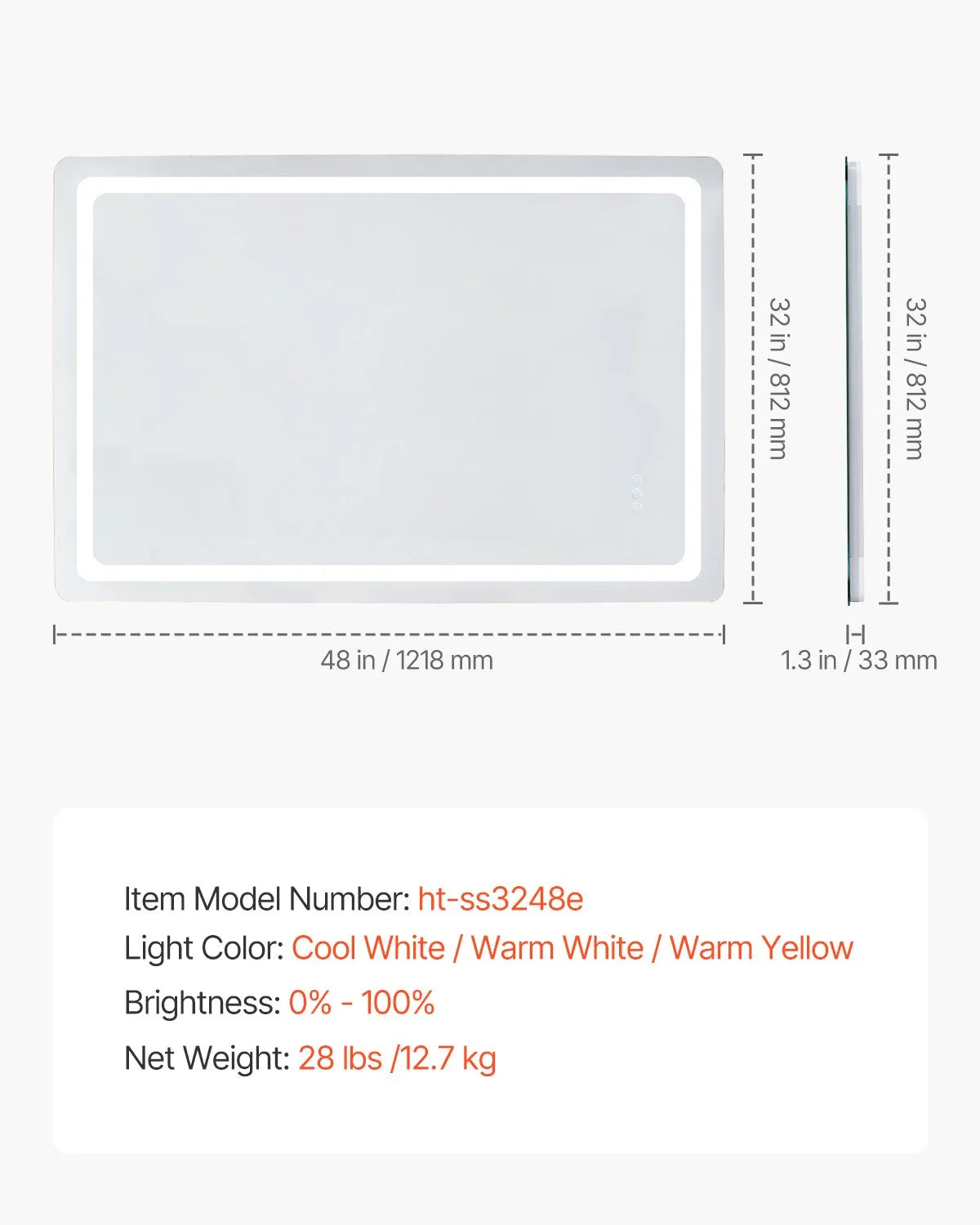 VEVOR LED Bathroom Mirror 3 Colors Anti-fog Wall Mounted Vanity Mirror 32" x 48"