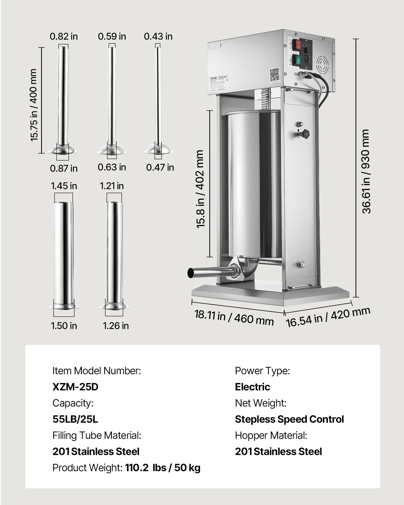 VEVOR Electric Sausage Stuffer, 55 LBS / 25 L Vertical Meat Stuffer, Stepless Speed Control and Foot Pedal, Stainless Steel Heavy Duty Sausage Filler with 5 Stuffing Tubes, for Commercial & Home Use