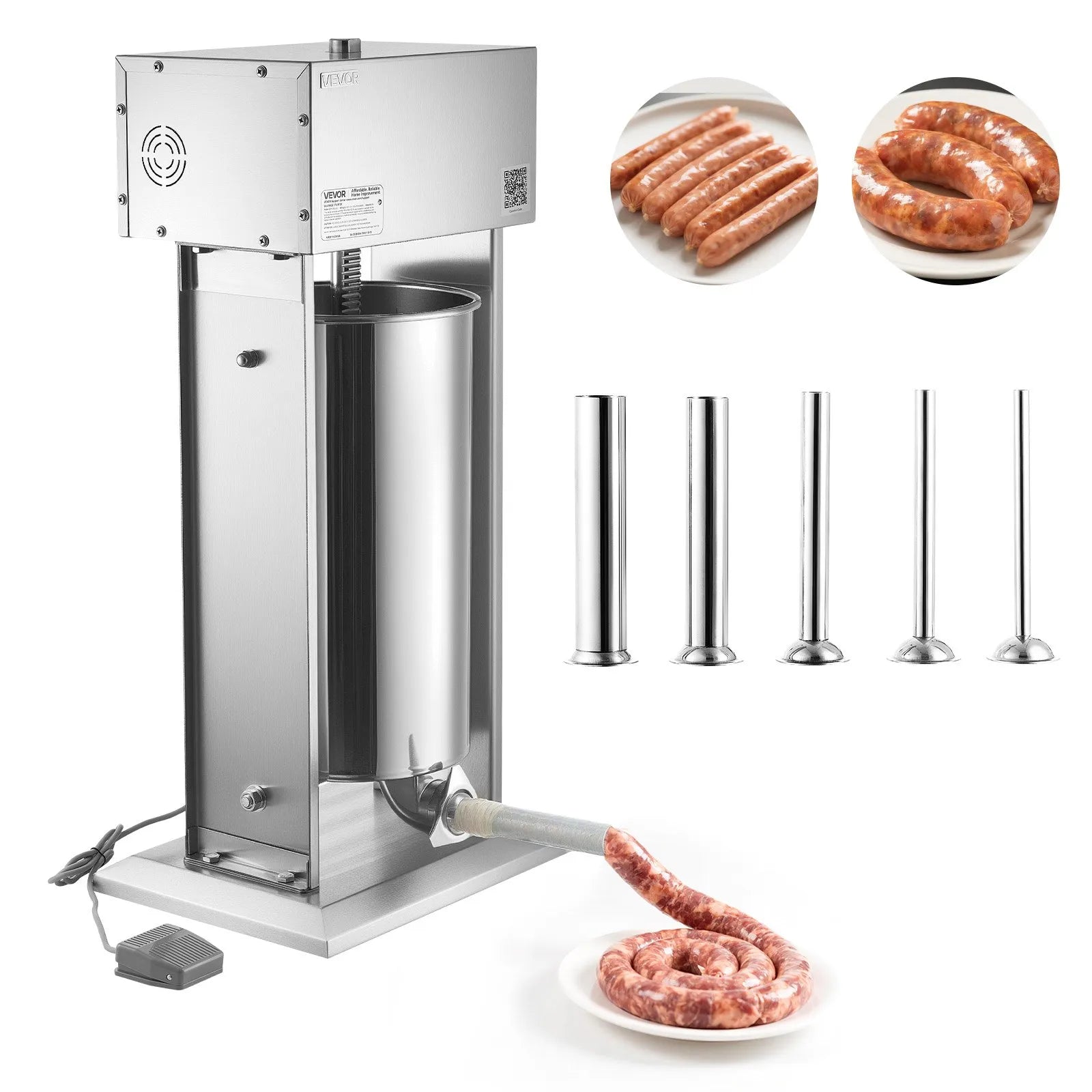 VEVOR Electric Sausage Stuffer, 55 LBS / 25 L Vertical Meat Stuffer, Stepless Speed Control and Foot Pedal, Stainless Steel Heavy Duty Sausage Filler with 5 Stuffing Tubes, for Commercial & Home Use