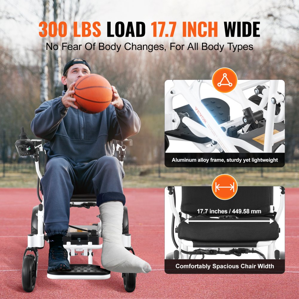 VEVOR Electric Wheelchair for Adults Seniors, 300 lbs Weight Capacity, 17.7 in Width Lightweight Foldable Motorized Power Wheelchairs, UP to 12.5 Miles Range All Terrain Aluminum Alloy Chair