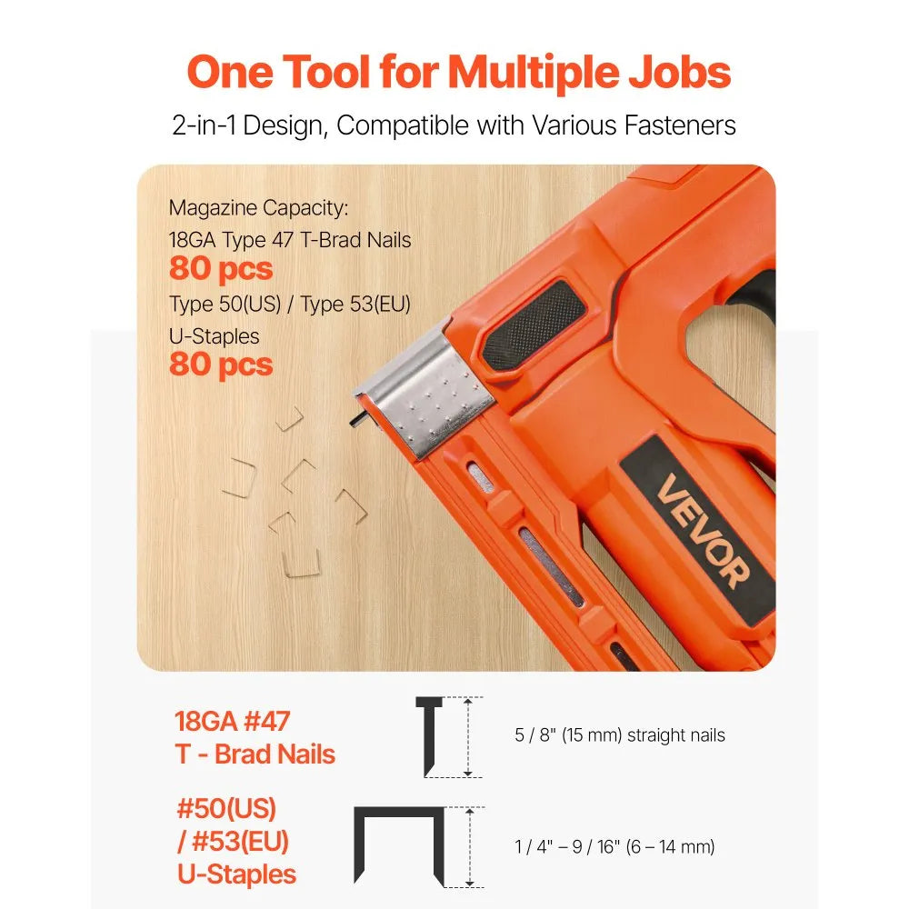 VEVOR Cordless Brad Nailer, 2-in-1 Nail Gun Staple Gun, 18 Gauge 5/8 inch, Includes 1000 Pcs Staples and 1000 Pcs Nails, with Battery and Charger, Non-Slip Rubber Grip, for Woodworking DIY Projects