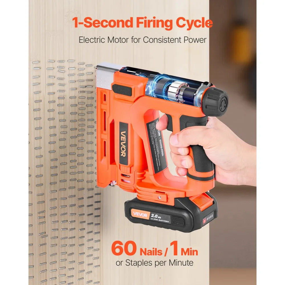 VEVOR Cordless Brad Nailer, 2-in-1 Nail Gun Staple Gun, 18 Gauge 5/8 inch, Includes 1000 Pcs Staples and 1000 Pcs Nails, with Battery and Charger, Non-Slip Rubber Grip, for Woodworking DIY Projects