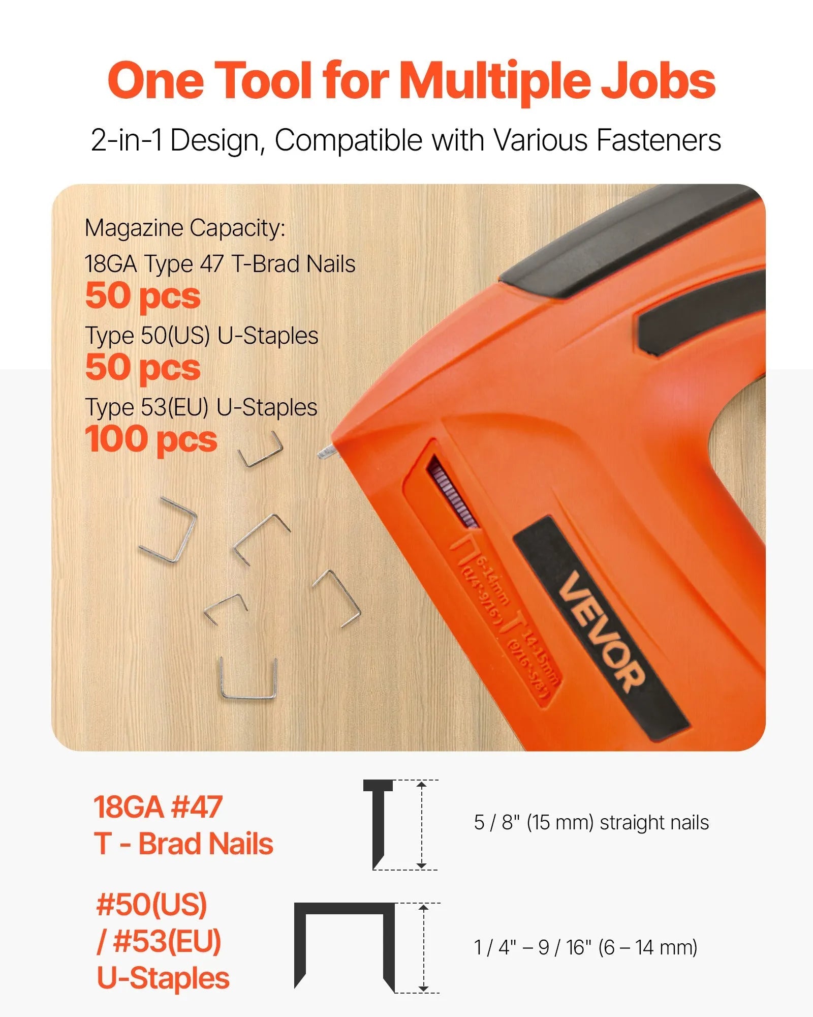 VEVOR Cordless Brad Nailer, 2-in-1 Nail Gun Staple Gun, 18 Gauge 5/8 inch, Battery Powered, with 1000 Pcs Staples and 1000 Pcs Nails, Non-Slip Rubber Grip, for Woodworking, Carpentry and DIY Projects