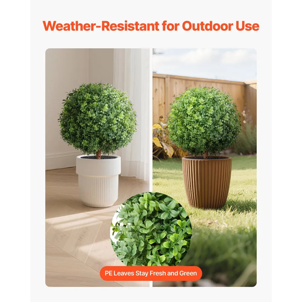 22" Artificial Topiary Boxwood Trees with Ground Spikes – 2 Piece Faux Outdoor Porch Shrub Set