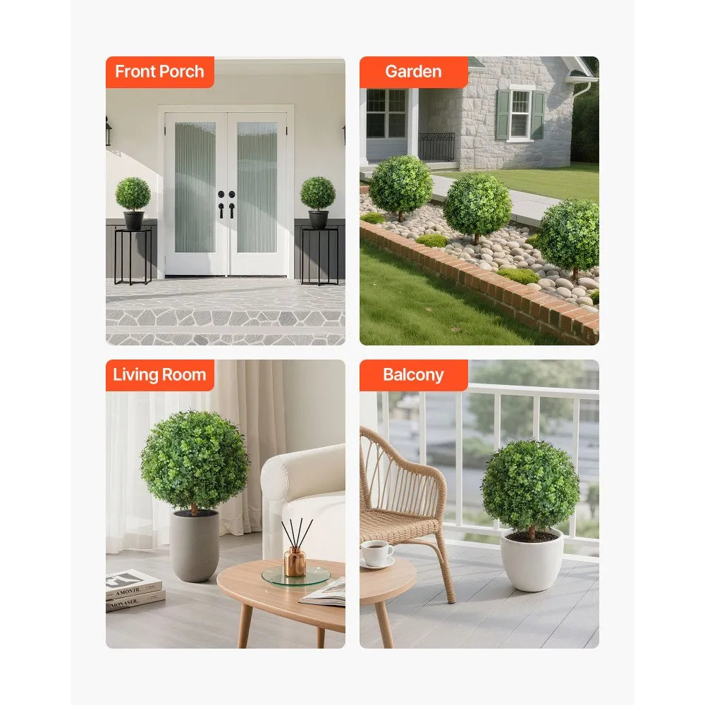 22" Artificial Topiary Boxwood Trees with Ground Spikes – 2 Piece Faux Outdoor Porch Shrub Set