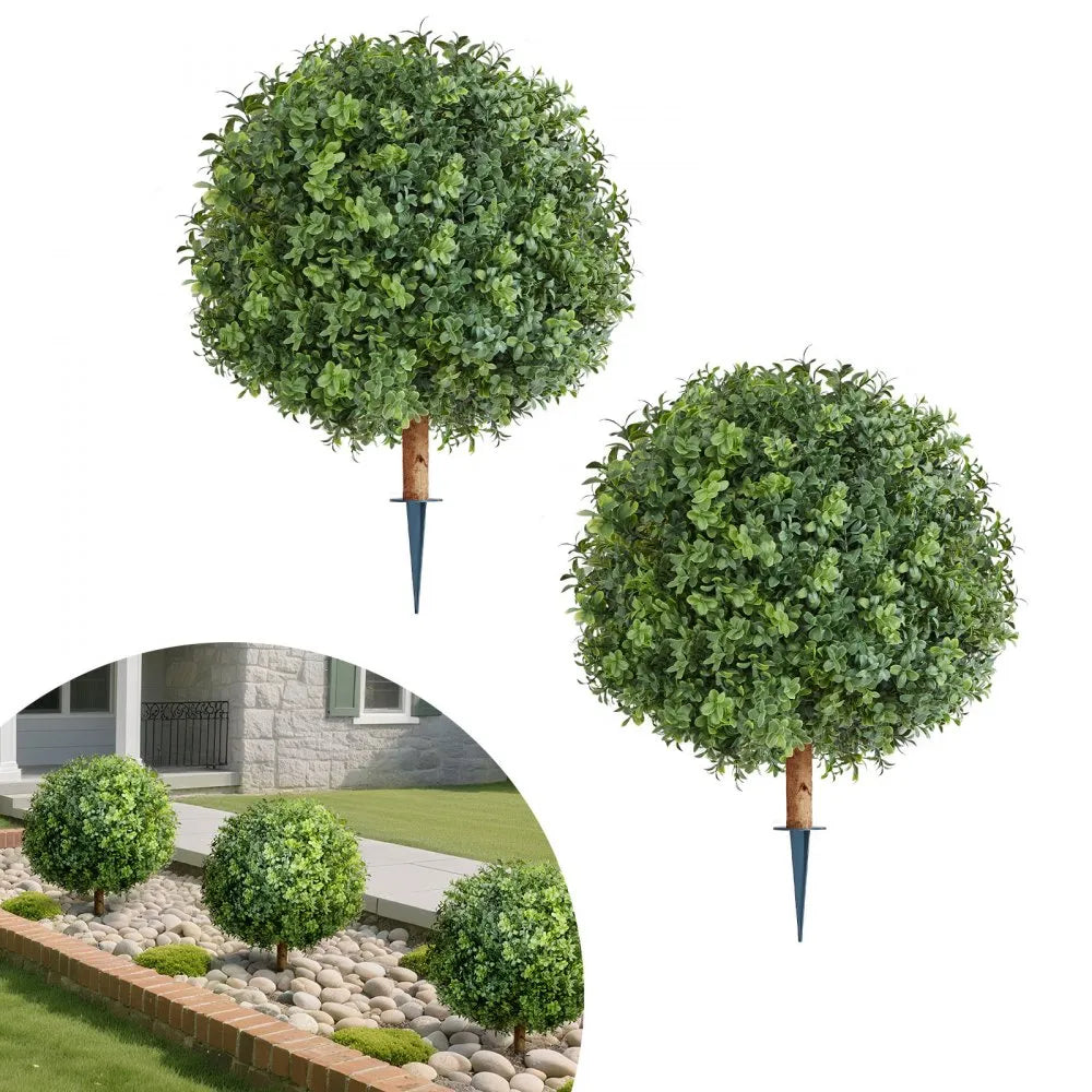 22" Artificial Topiary Boxwood Trees with Ground Spikes – 2 Piece Faux Outdoor Porch Shrub Set