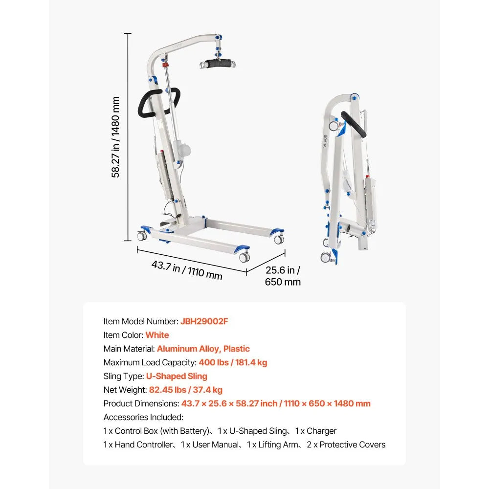 VEVOR Electric Patient Lift, Folding Patient Transfer Lift with U-Shaped Sling, Height & Width Adjustable Medical Transfer Assist with 4 Wheels & Handle Controller for Disabled Bedridden, 400LBS
