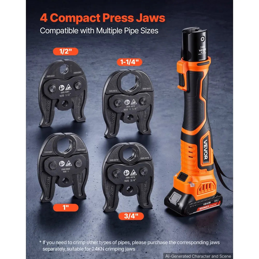 18V Electric Press Tool for Copper Pipes – 24KN Brushless Pipe Crimping Tool with 4 VUS Jaws, 2 Batteries & Toolbox