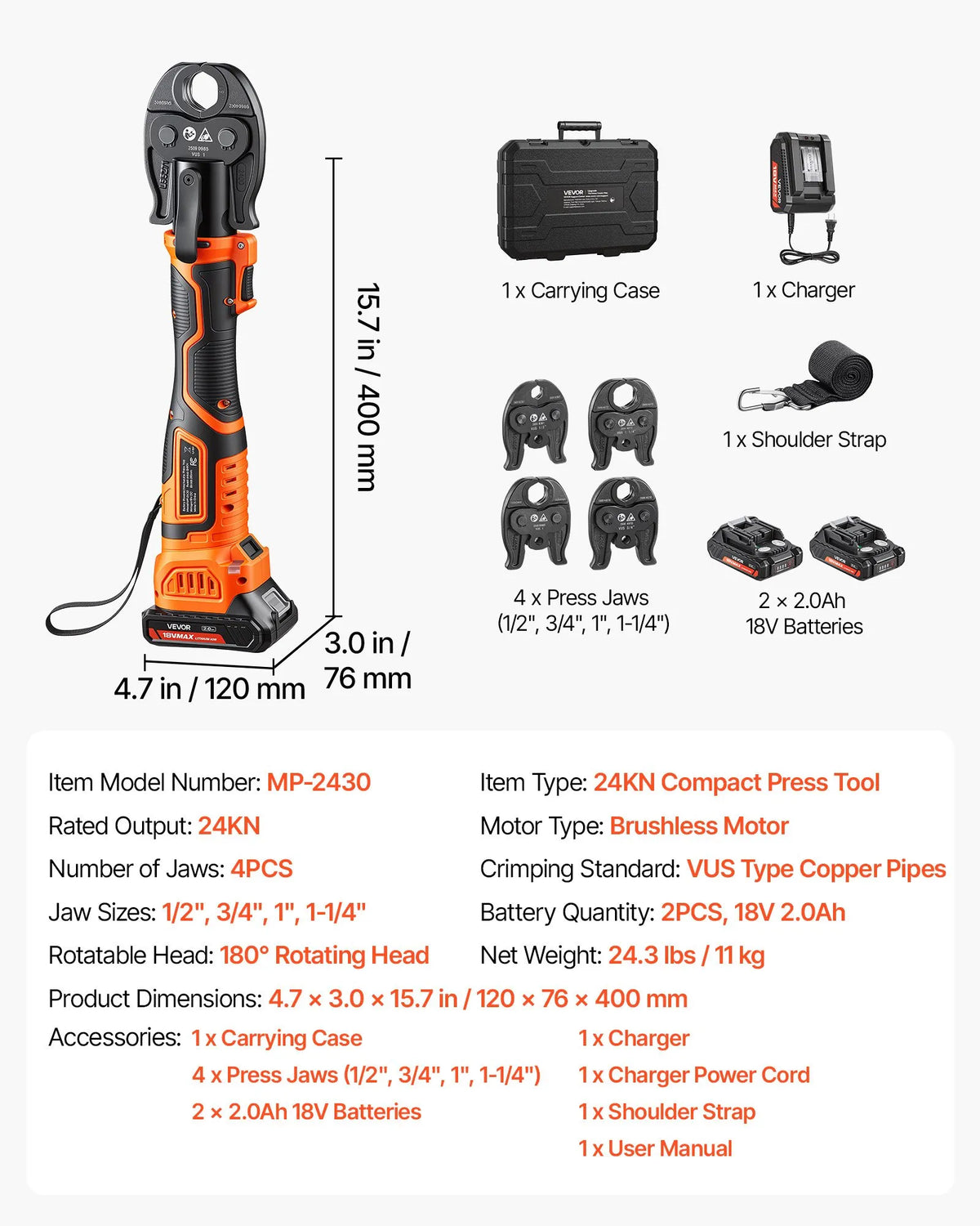 18V Electric Press Tool for Copper Pipes – 24KN Brushless Pipe Crimping Tool with 4 VUS Jaws, 2 Batteries & Toolbox