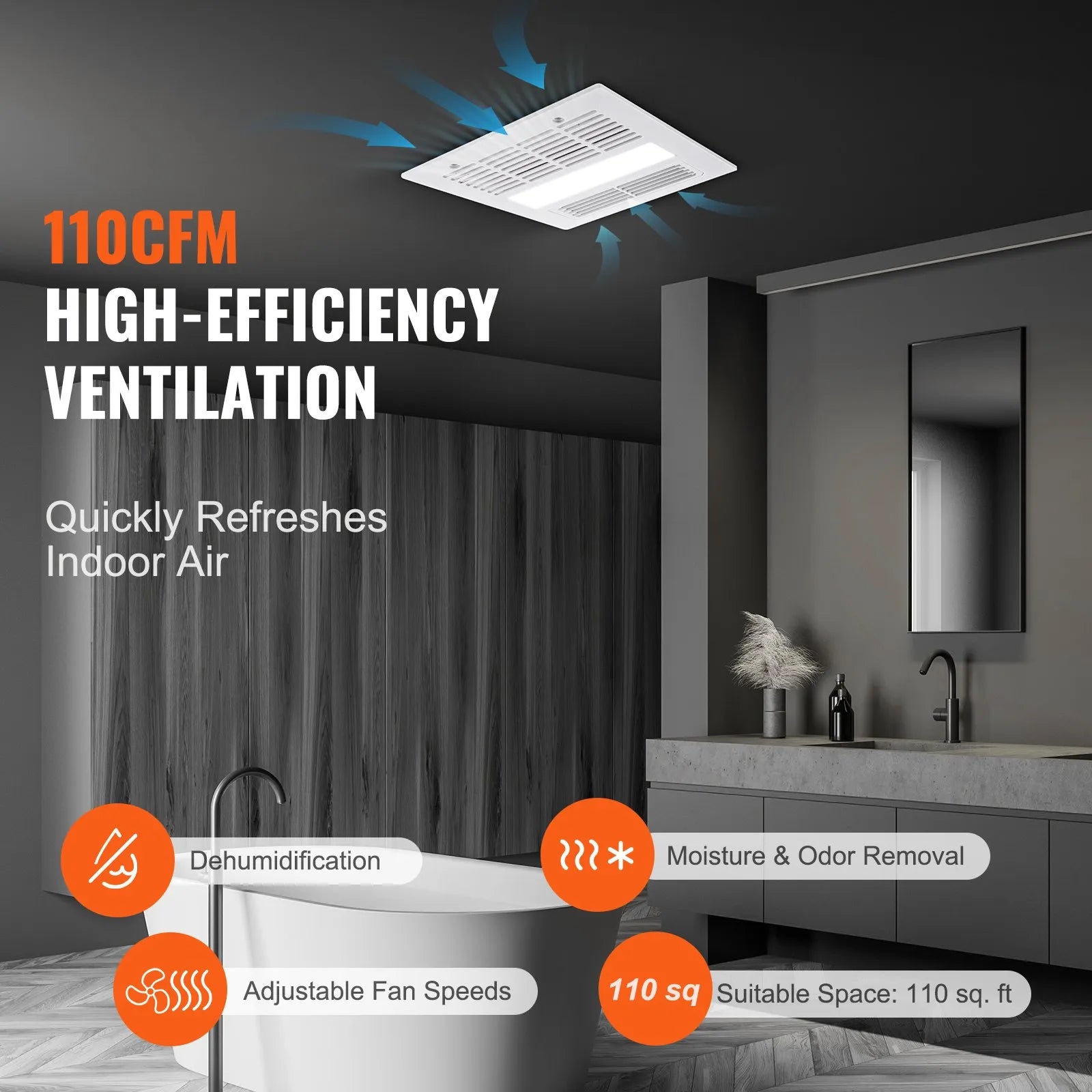 VEVOR Bathroom Exhaust Fan, 1500W Heating, 110 CFM High-Efficiency Ventilation, 1.5sones Low Noise Operation, Energy-Saving Bathroom Ceiling Fan, No Need For Attic Access, For Various Ceilings