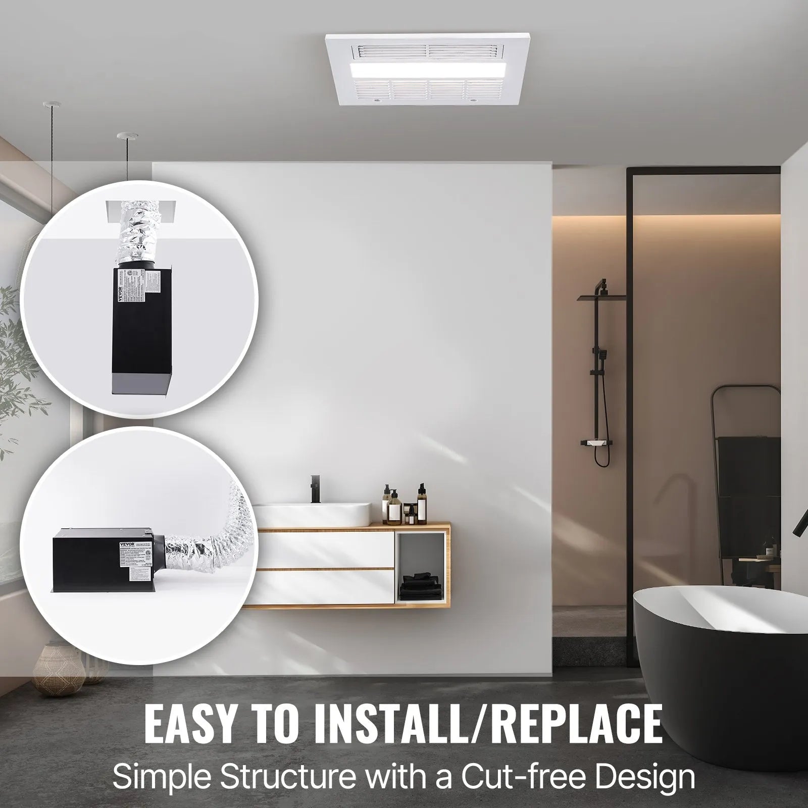 VEVOR Bathroom Exhaust Fan, 1500W Heating, 110 CFM High-Efficiency Ventilation, 1.5sones Low Noise Operation, Energy-Saving Bathroom Ceiling Fan, No Need For Attic Access, For Various Ceilings