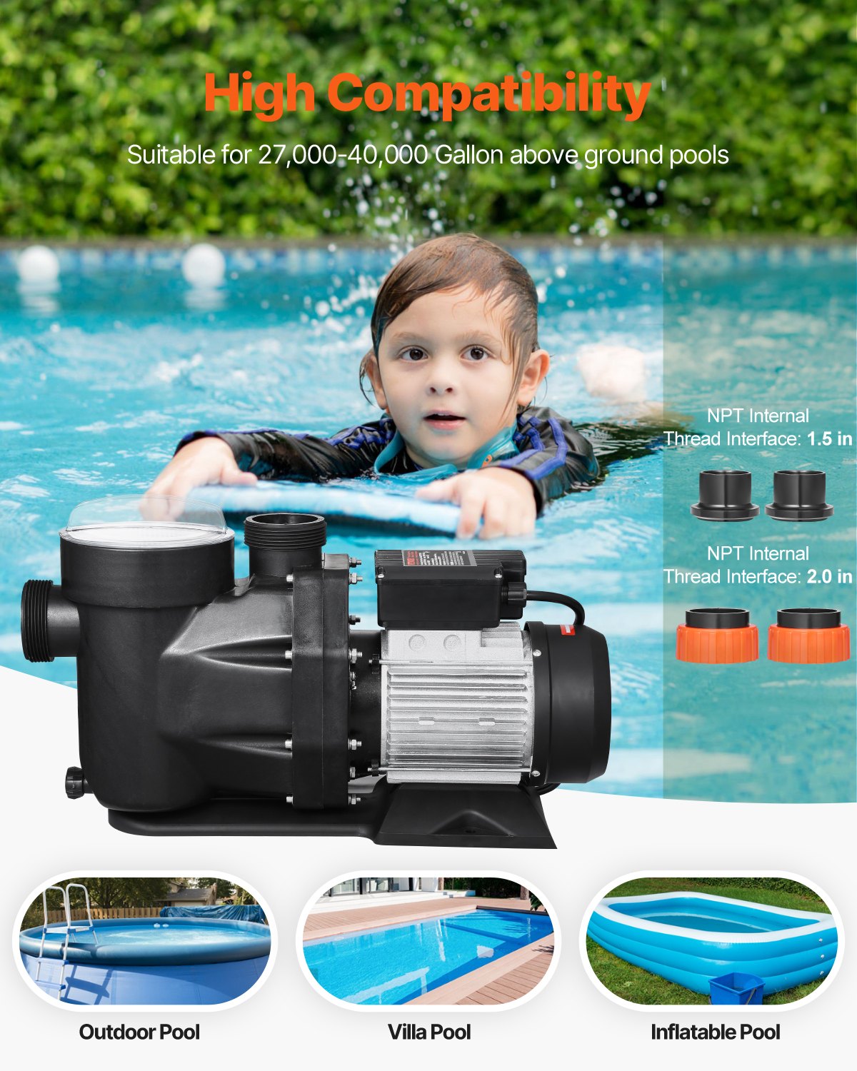VEVOR 3 HP Above Ground Swimming Pool Pump Single Speed 149 GPM 3450 RPM 220V