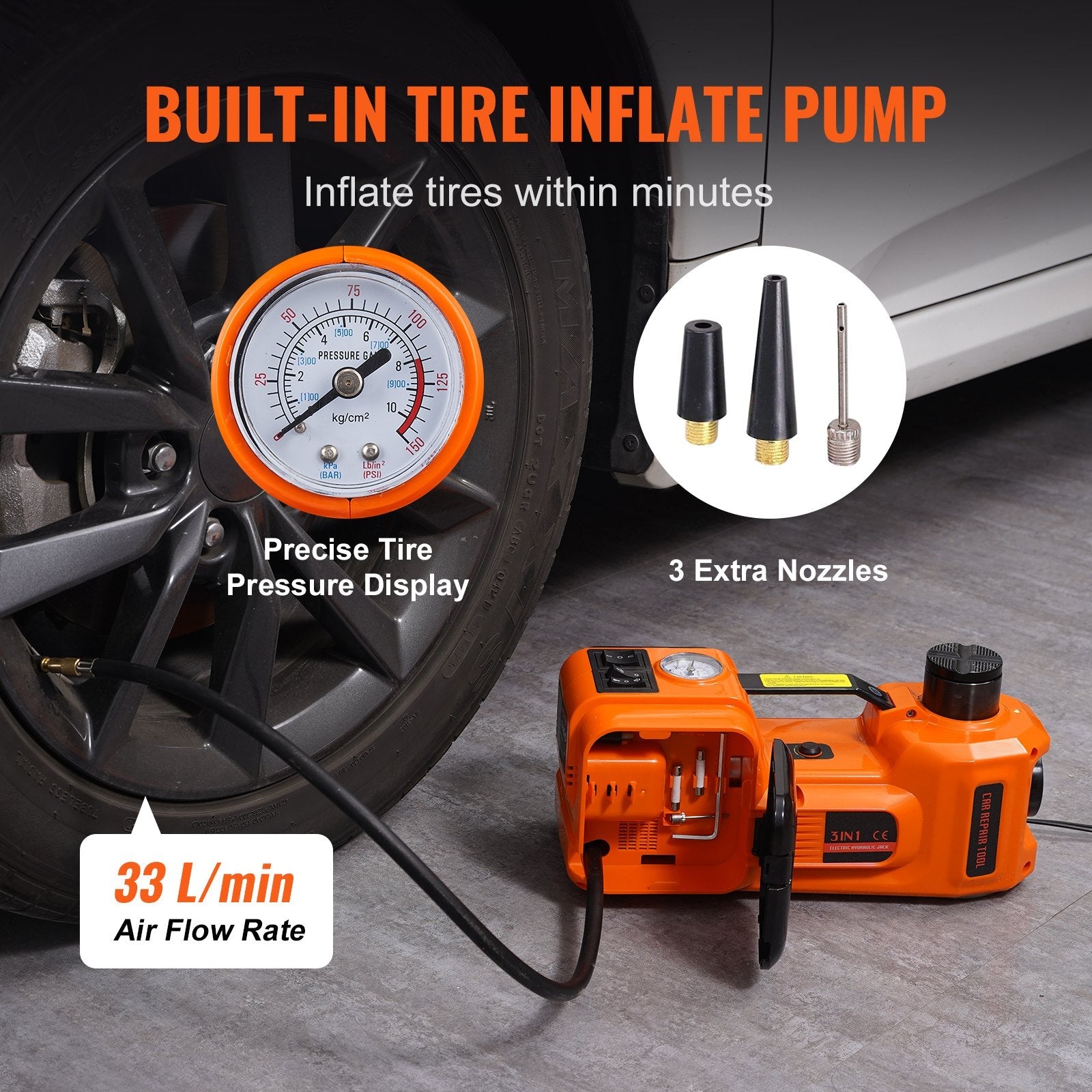 VEVOR Electric Hydraulic Car Floor Jack 5 Ton 12V Built-in Tire Inflator Pump