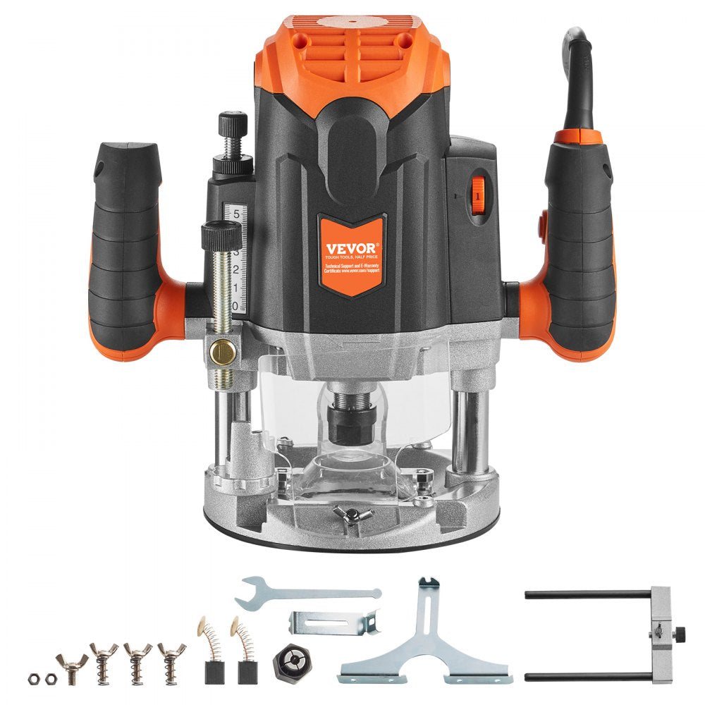 VEVOR Plunge Router, 3-1/4 HP, 120V, 12000-23000 RPM Variable Speed, Electronic Plunge Base Router, Plunge Woodworking Router Kit with Carry Case, Parallel Guide, Straight Guide, 1/4" Collet Cone Set