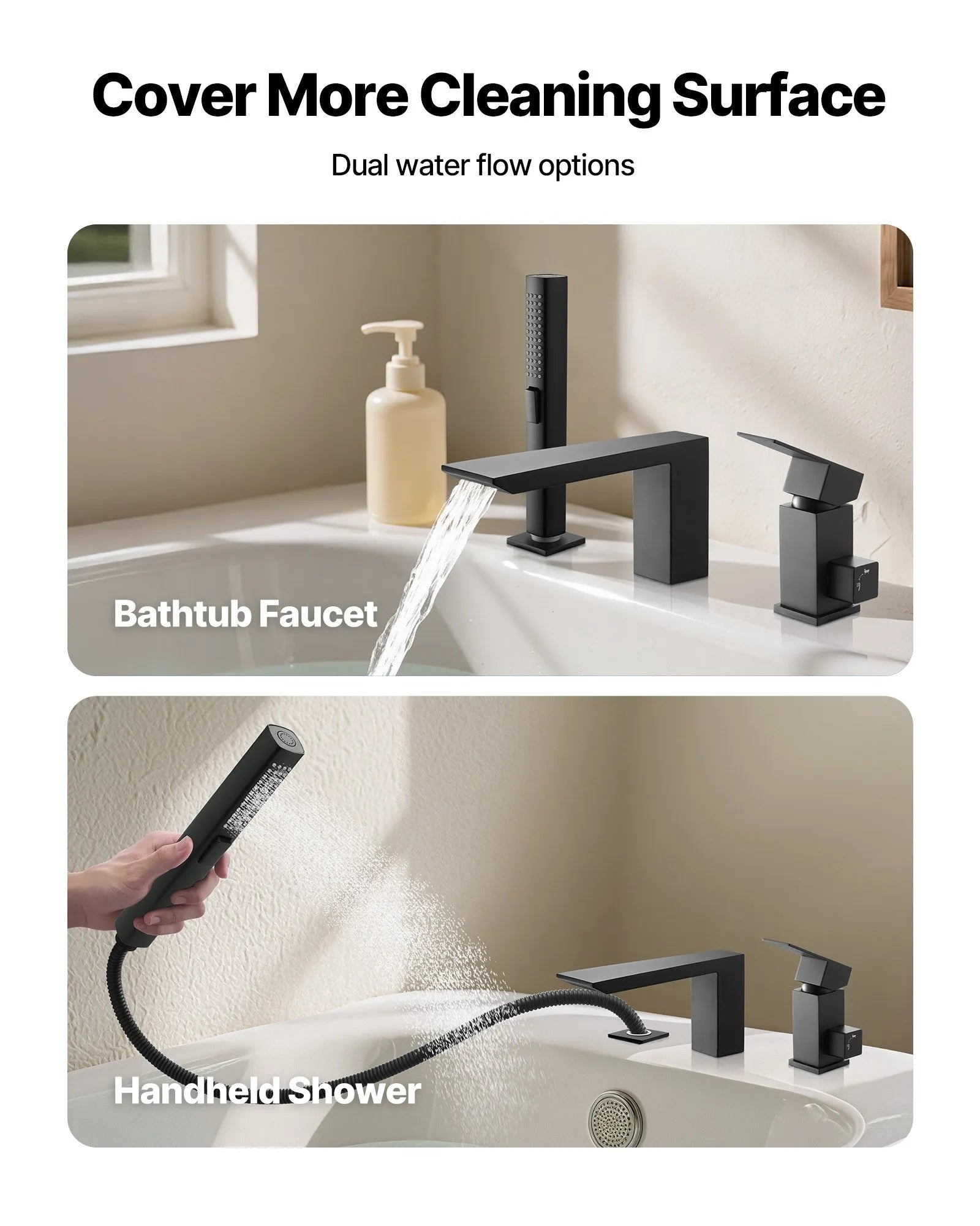 VEVOR Roman Tub Faucet, 3-Hole Bathtub Faucet with Handheld Shower, Matte Black, Stainless Stee