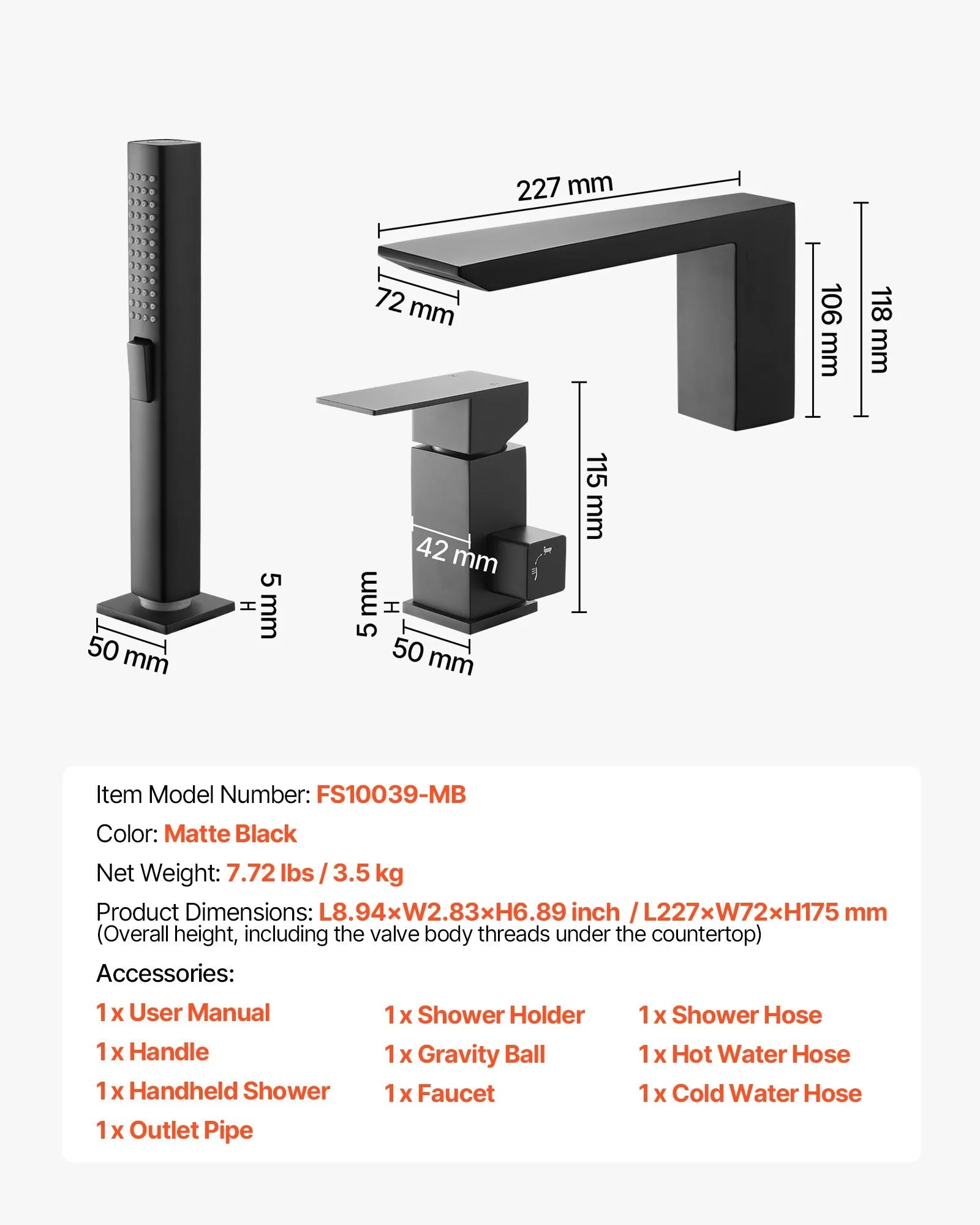 VEVOR Roman Tub Faucet, 3-Hole Bathtub Faucet with Handheld Shower, Matte Black, Stainless Stee