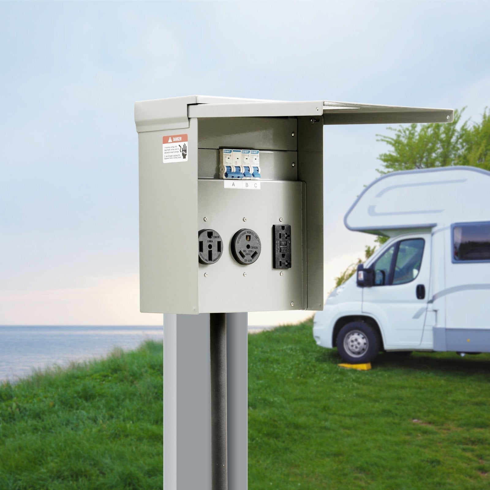 VEVOR Temporary Power Outlet Panel, 125/250V, RV Power Outlet Box with a 20/30/50 Amp Receptacle Installed, NEMA 14-50R / NEMA TT-30R / 15A GFCI for RV Camper Trailer Motorhome, Tested to UL Standards