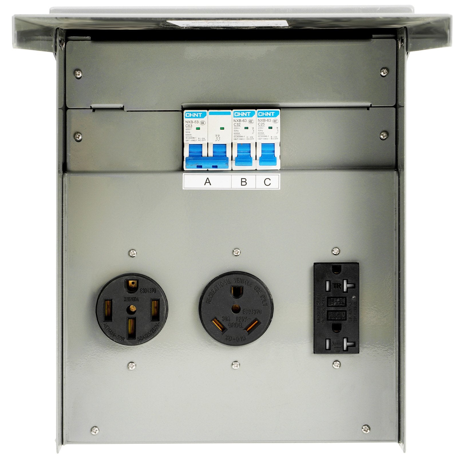 VEVOR Temporary Power Outlet Panel, 125/250V, RV Power Outlet Box with a 20/30/50 Amp Receptacle Installed, NEMA 14-50R / NEMA TT-30R / 15A GFCI for RV Camper Trailer Motorhome, Tested to UL Standards