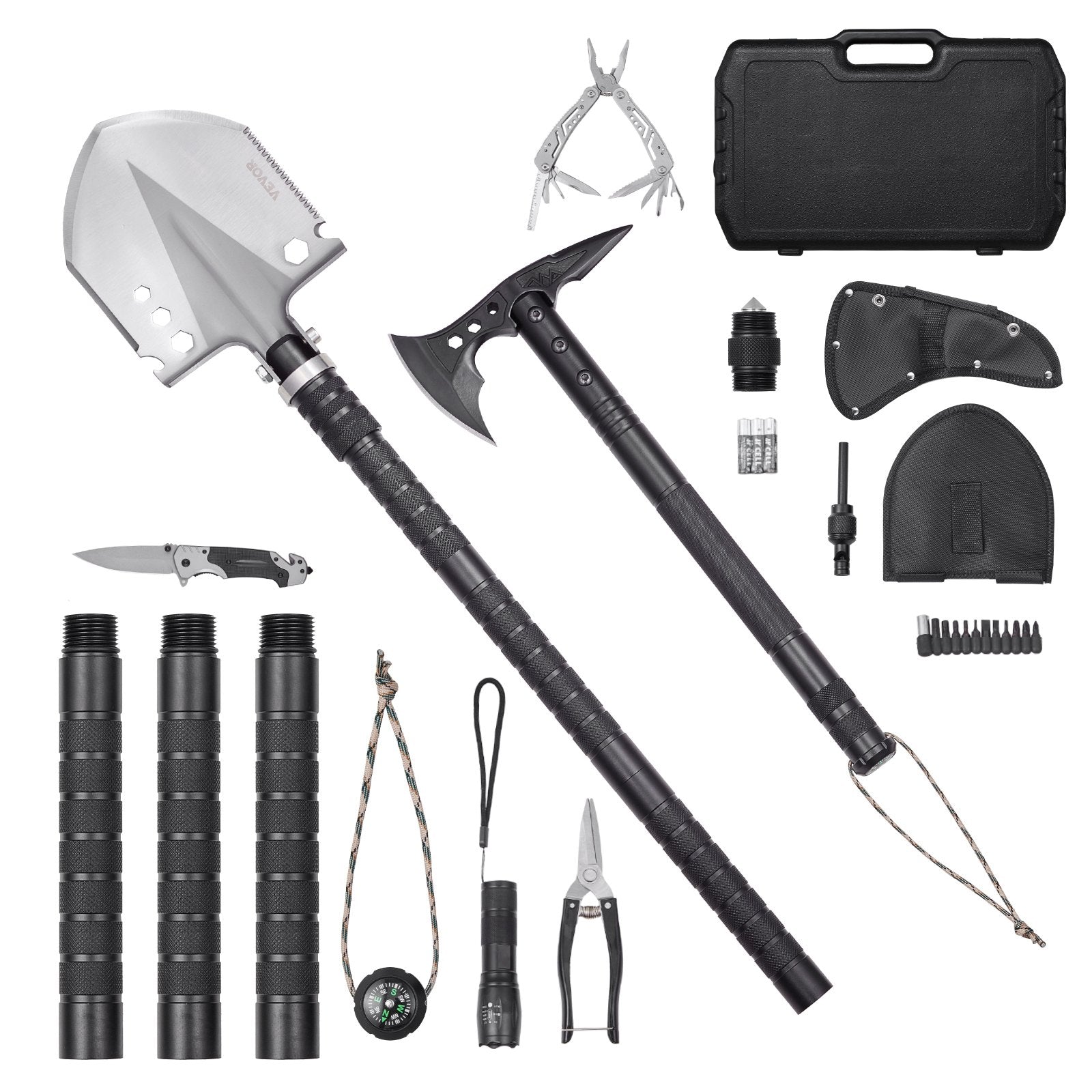 VEVOR Survival Shovel Survival Axe 28-in-1 Camping Folding Shovels with Hatchet