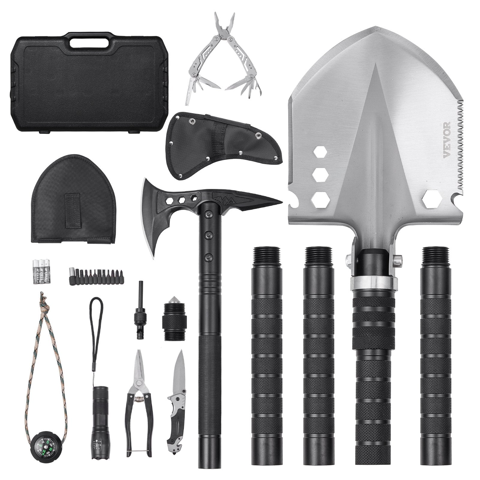 VEVOR Survival Shovel Survival Axe 28-in-1 Camping Folding Shovels with Hatchet