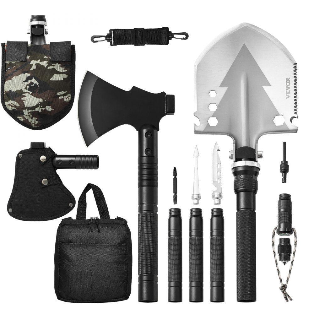 VEVOR Survival Shovel Survival Axe 16-in-1 Camping Folding Shovels with Hatchet
