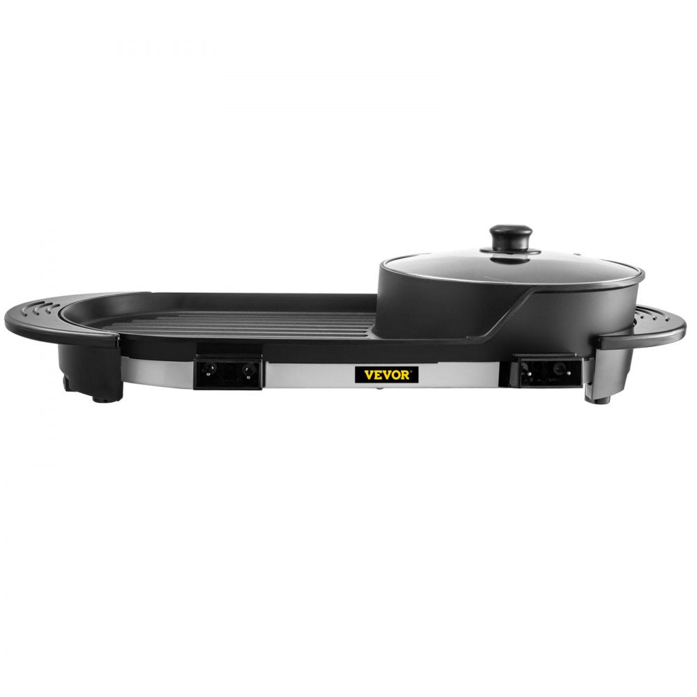 VEVOR 2 in 1 BBQ Pan Grill and Hot Pot with Divider Multifunctional Teppanyaki Grill Pot, Separate Dual Temperature Control Electric BBQ Stove Hot Pot, 5 Speed for Indoor Korean BBQ, Shabu Shabu Black