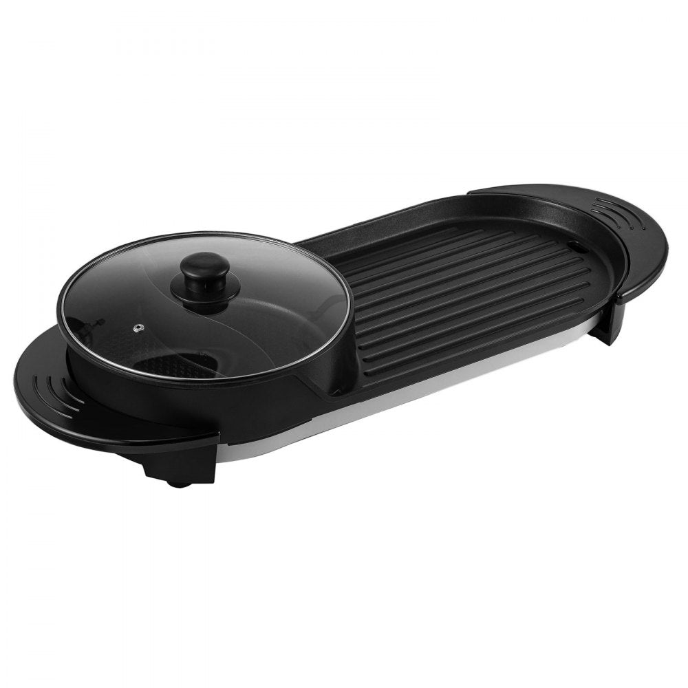 VEVOR 2 in 1 BBQ Pan Grill and Hot Pot with Divider Multifunctional Teppanyaki Grill Pot, Separate Dual Temperature Control Electric BBQ Stove Hot Pot, 5 Speed for Indoor Korean BBQ, Shabu Shabu Black