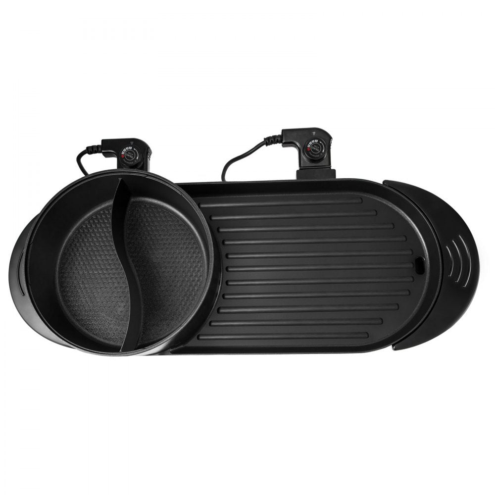 VEVOR 2 in 1 BBQ Pan Grill and Hot Pot with Divider Multifunctional Teppanyaki Grill Pot, Separate Dual Temperature Control Electric BBQ Stove Hot Pot, 5 Speed for Indoor Korean BBQ, Shabu Shabu Black