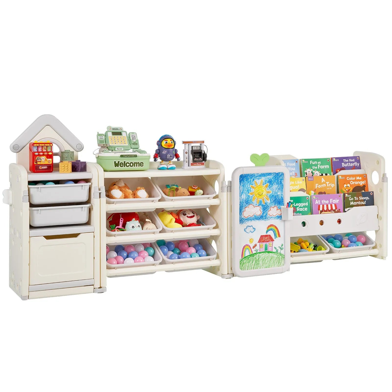 VEVOR Kid Toy Storage and Bookshelf with 10 Movable Plastic Bins & Drawing Board