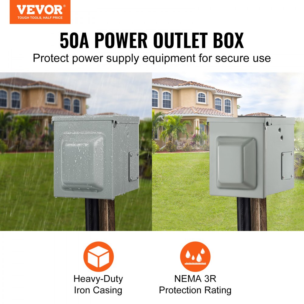 VEVOR 50 Amp RV Power Outlet Box, 125/250 Volt, Enclosed Lockable Outdoor RV Receptacle Box, NEMA 14-50R Weatherproof Electrical Panel, for RV Camper Trailer Motorhome Tested to UL Standards
