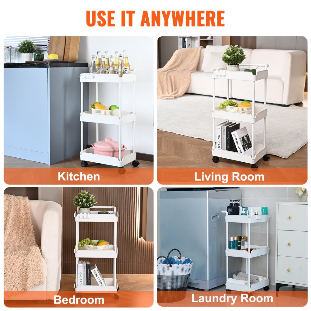 VEVOR 3-Tier Rolling Utility Cart, Kitchen Cart with Lockable Wheels, Multi-Functional Storage Trolley with Handle for Office, Living Room, Kitchen, Movable Storage Basket Organizer Shelves, White