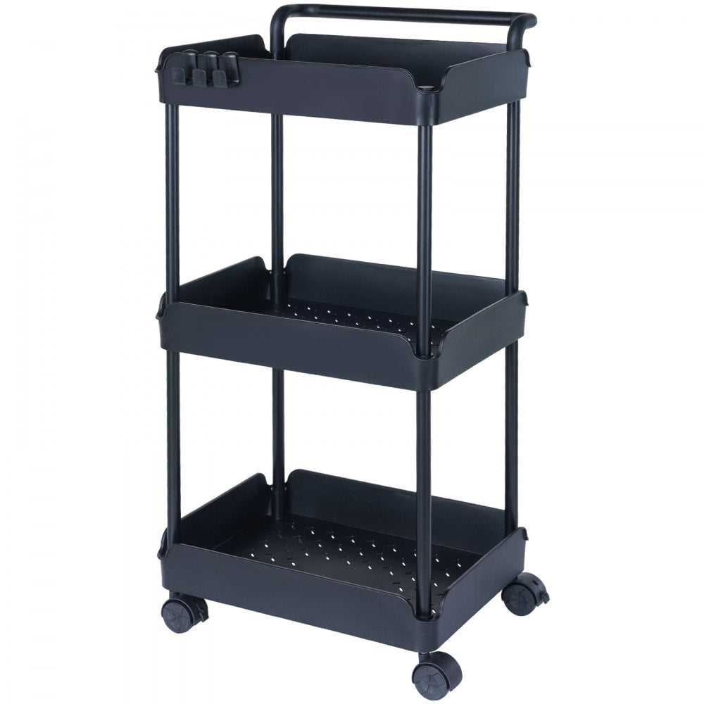 VEVOR 3-Tier Rolling Utility Cart, Kitchen Cart with Lockable Wheels, Multi-Functional Storage Trolley with Handle for Office, Living Room, Kitchen, Movable Storage Basket Organizer Shelves, Black