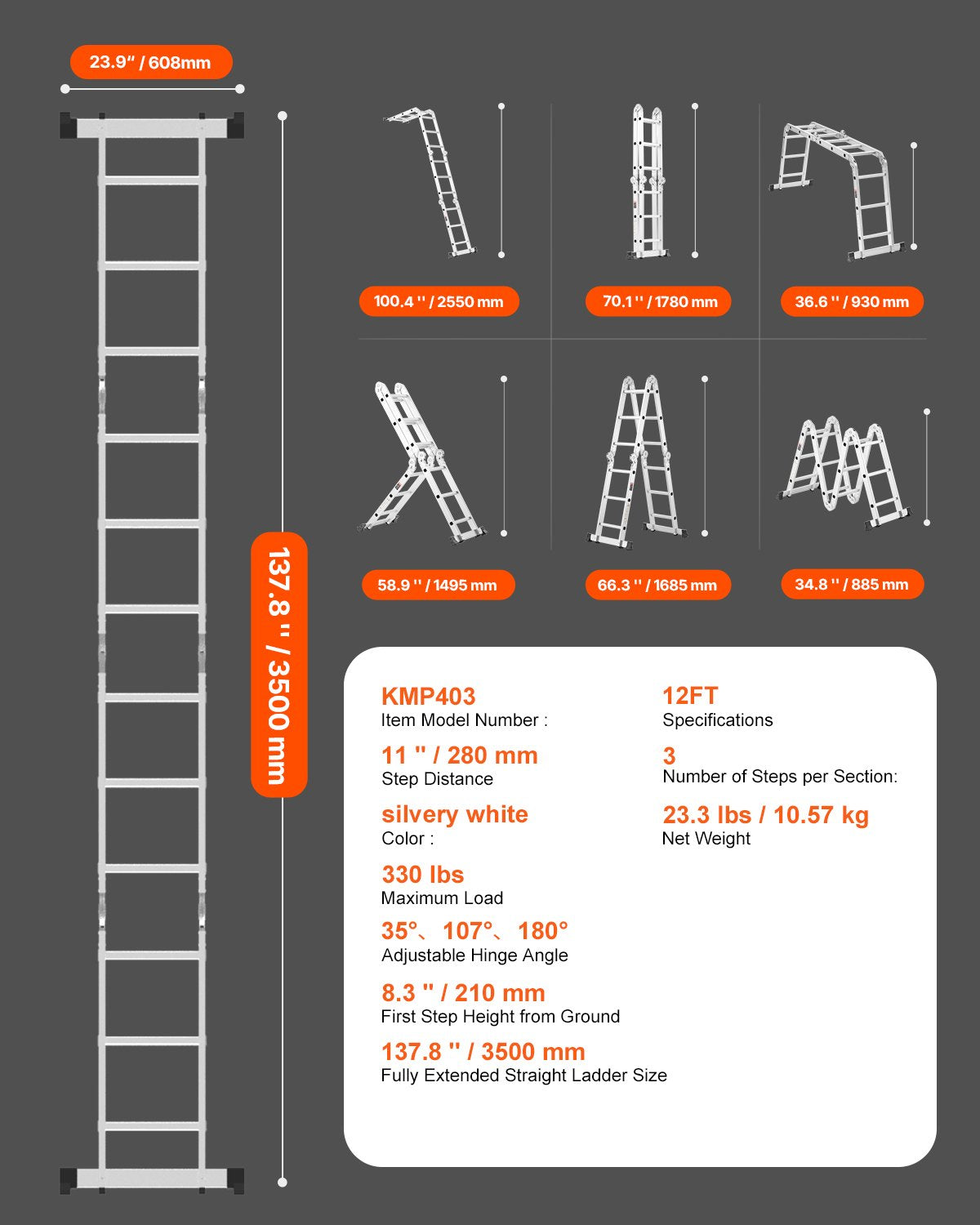 VEVOR Multi-Purpose Folding Ladder 7-in-1 3 Step 12ft Reach Height for Work