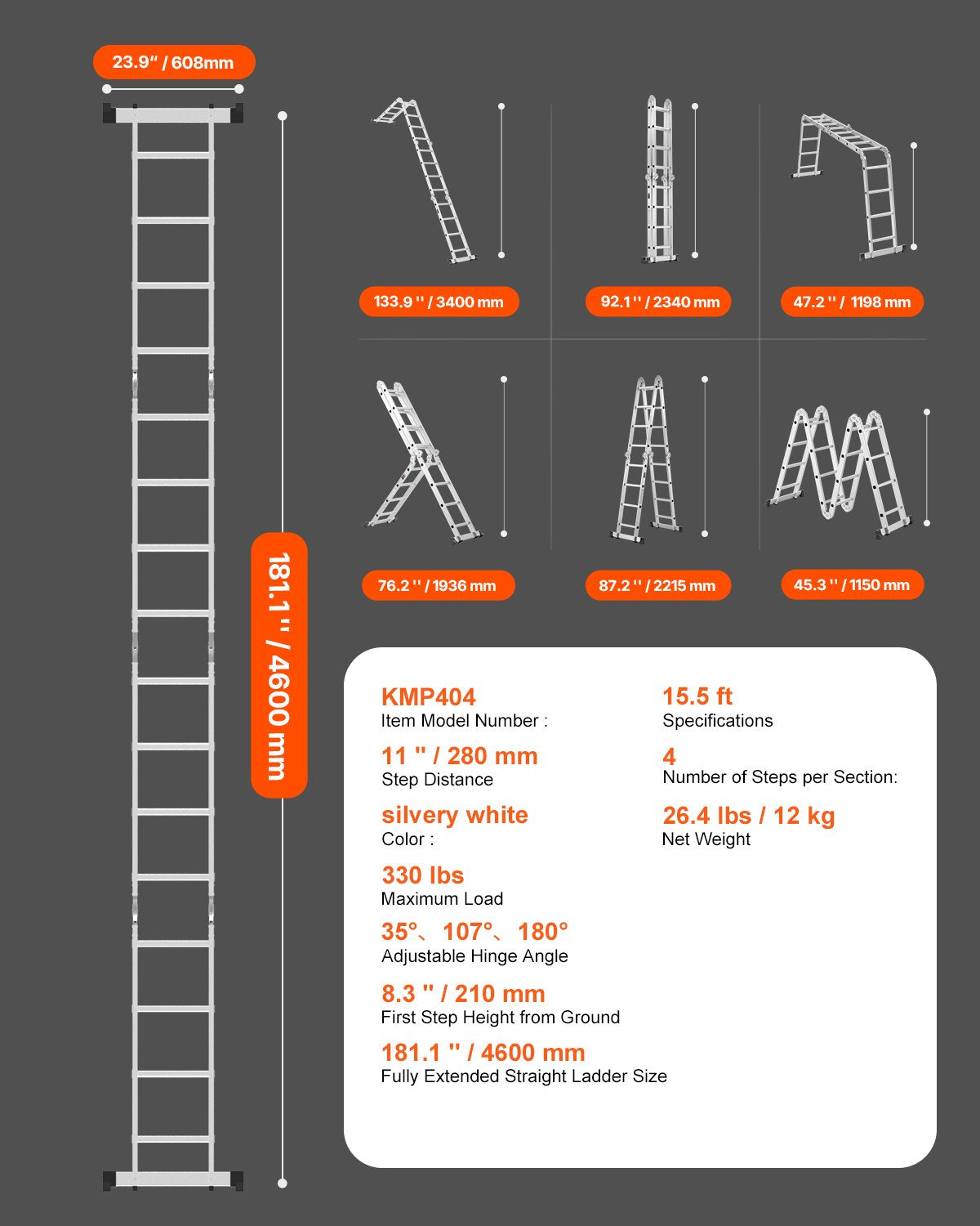 VEVOR Multi-Purpose Folding Ladder 7-in-1 4 Step 15.5ft Reach Height for Work