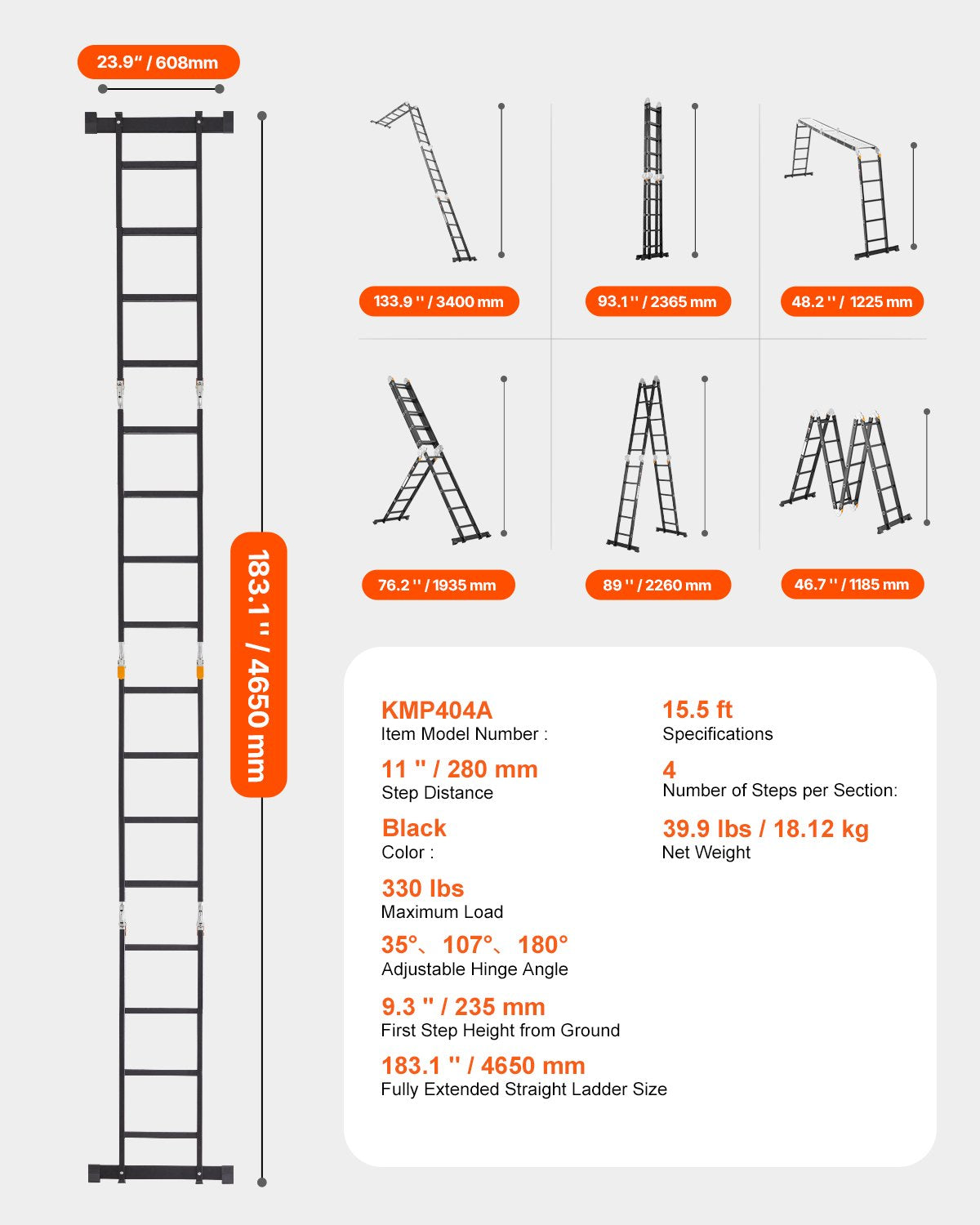 VEVOR Multi-Purpose Folding Ladder 7-in-1 4 Step 15.5ft with Scaffolding Plank