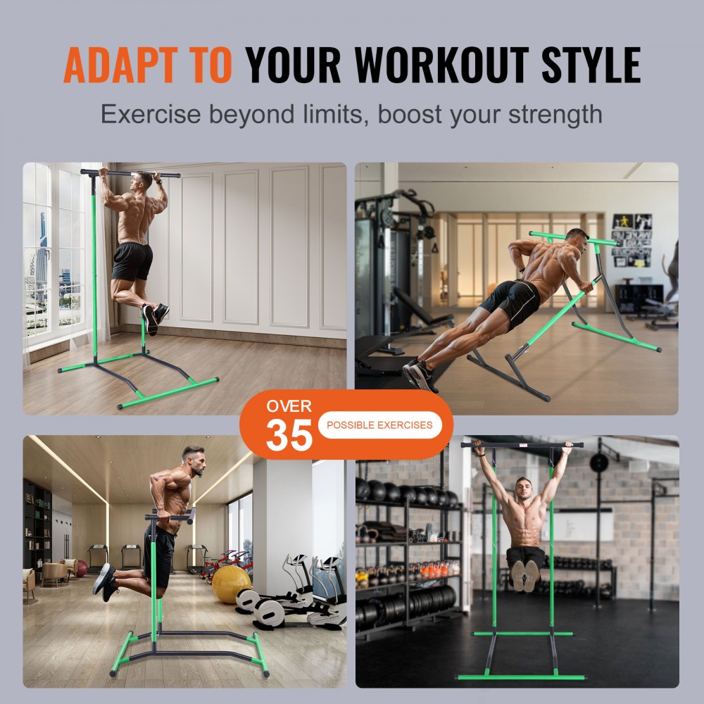 VEVOR Power Tower Dip Station, 2-Level Height Adjustable Pull Up Bar Stand, Multi-Function Strength Training Workout Equipment, Home Gym Fitness Dip Bar Station, 220LBS Weight Capacity, Black & Green