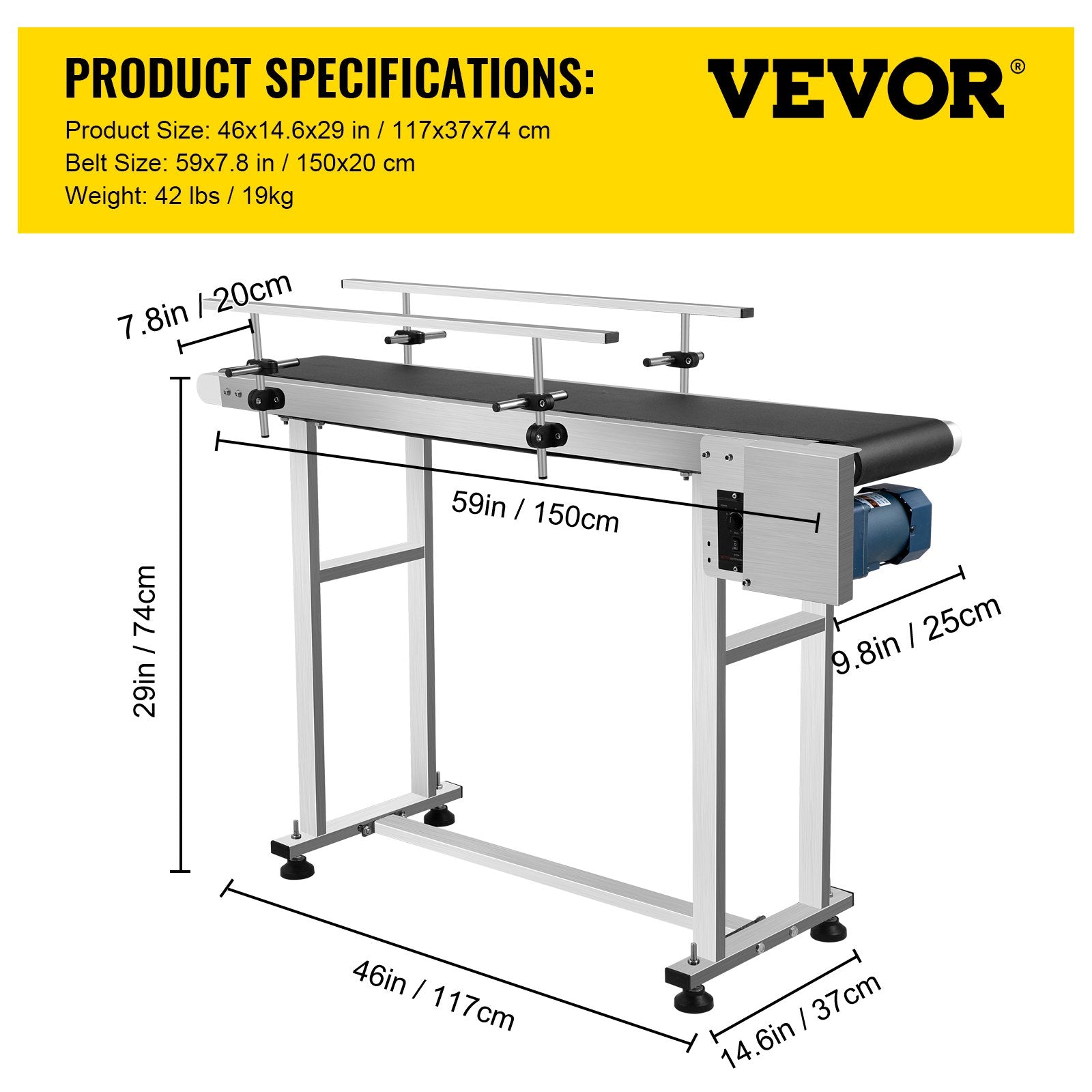 VEVOR PVC Belt Conveyor 59Inch Length, Electric PVC Conveyor 7.8 Width, 110V Adjustable Automatic Speed, Conveyor Machine with Double Guardrail, In Stainless Steel, Industrial Transport Equipment